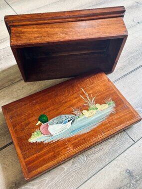VTG Hand Painted Duck Wooden Keepsake Cabin Lake Rustic Decor Signed 1984